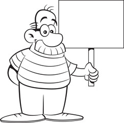 Black and white illustration of a man with a big moustache holding a sign.