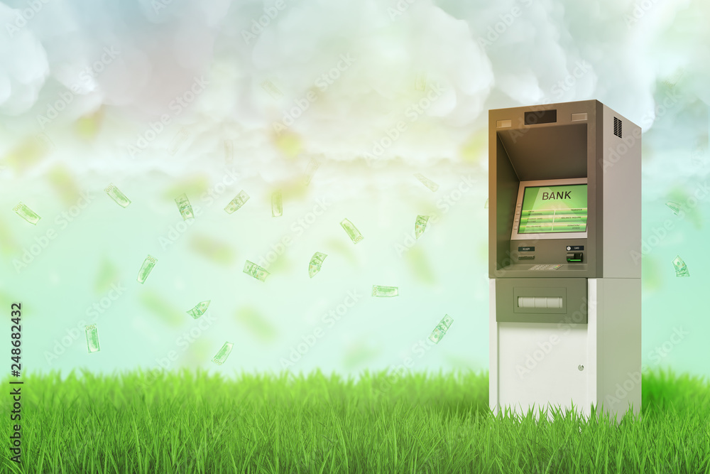 Poster 3d rendering of atm machine on green grass background with dollars in the air