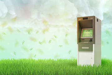 3d rendering of ATM machine on green grass background with dollars in the air