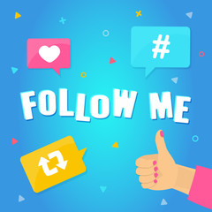 Fototapeta na wymiar Follow me concept. Banner for Streamer, Blogger, Traveler. hands with thumbs up and Hashtag, like, repost symbols. Social media, online promotion, sharing posts concept Vector illustration