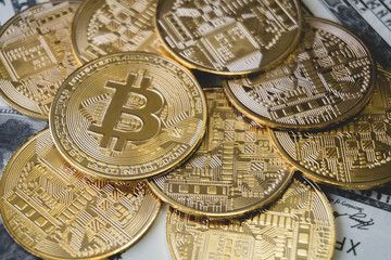 Bitcoin gold coin (cryptocurrency) on us dollar - can use for financial and business background - Image