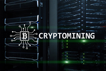 Fototapeta na wymiar Cryptocurrency mining concept on server room background.