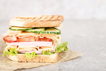 Sandwich with ham and vegetables on grey background