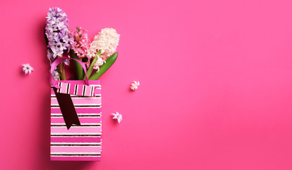 Spring hyacinth flowers in shopping paper bag on pink punchy pastel background. Banner with copy space. Spring, summer or garden concept. Creative layout. Top view, flat lay. Square crop.