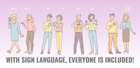Vector flat deaf-mute people hand gesture language © sabelskaya