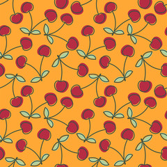 Cherry seamless pattern. Hand drawn fresh berry. Vector sketch background. Color doodle wallpaper. Bright print