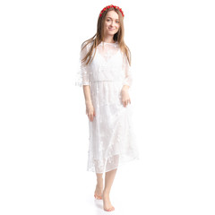 Woman in white dress summer spring laced goes on white background isolation