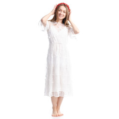 Woman in white dress summer spring laced on white background isolation