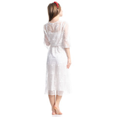 Woman in white dress summer spring laced on white background isolation, back view