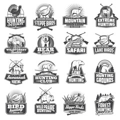Fototapeta premium Hunting sport ammo, hunter animals trophy icons