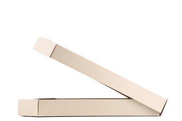 Opened pizza box isolated on white background