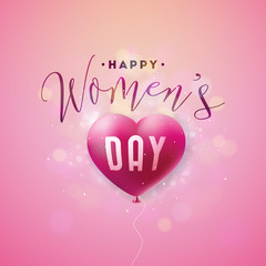 Happy Womens Day Greeting card. International Holiday Illustration with Air Balloon and Typography Design on Pink Background. Vector Spring 8 March Celebration Template.