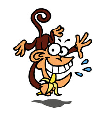 Happy monkey hanging down and eating banana, cartoon joke