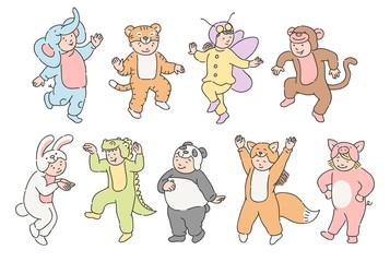 Obraz premium Vector kids in aminal costumes having fun set