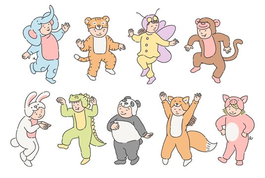 Vector kids in aminal costumes having fun set