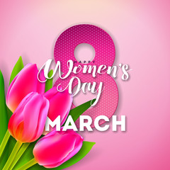 8 March. Happy Womens Day Floral Greeting Card Design. International Female Holiday Illustration with Tulip Flower and Typography Letter on Pink Background. Vector International Celebration Template.