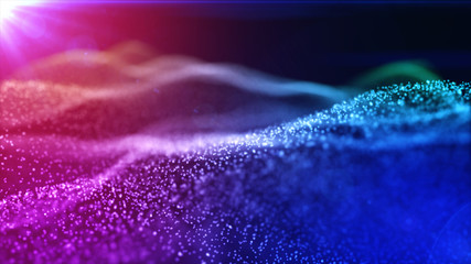 Particles form line and surface grid. 3d rendering. Science fiction background of glowing particles with depth of field and bokeh.  © Peppygraphics