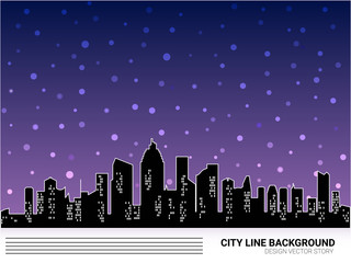 Urban cityscape vector illustration. Winter Night city silhouette greeting line card