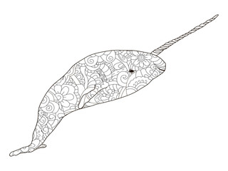 Narwhal coloring antistress, drawings black lines and white background. Nature, flowers. Vector © toricheks