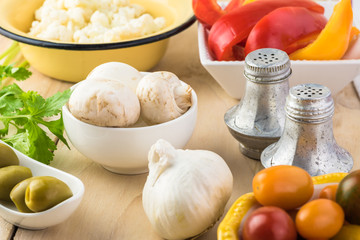 Ingredients for vegan cauliflower crust pizza.