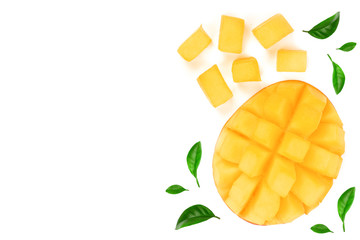 Mango fruit and slices decorated with leaves isolated on white background with copy space for your text. Top view