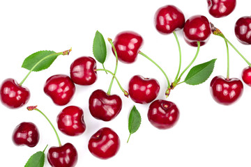 Sweet red cherries isolated on white background with copy space for your text. Top view. Flat lay pattern