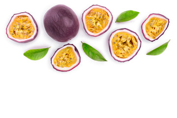 passion fruits with leaves isolated on white background with copy space for your text. Isolated maracuya. Top view. Flat lay