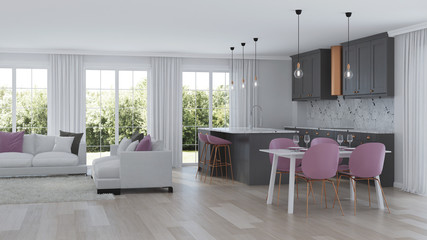 Modern home interior with gray kitchen. 3D rendering.