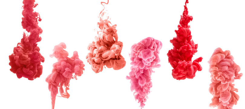 set of colorful ink isolated on white background. red, pink, coral drop swirling under water. Cloud of ink in water.