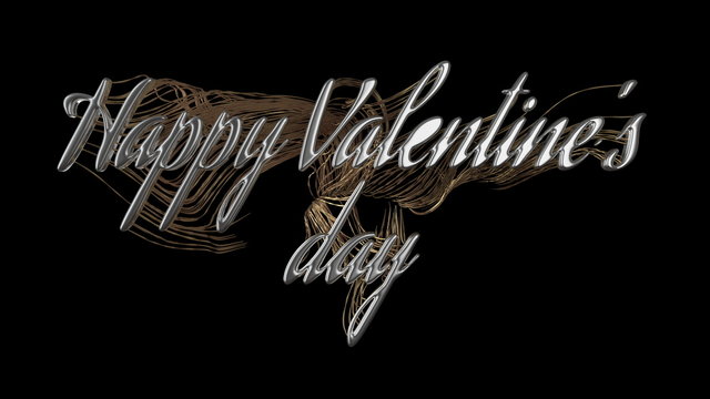 Happy Valentine's Day message words made by silver braided wavy strings gold lines over dark black background. 3d illustration