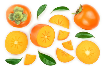 persimmon fruit slice with leaves isolated on white background. Top view. Flat lay pattern