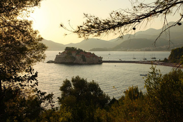 Panoramic view of Sveti Stefan from the hill on sunset
