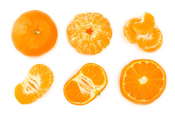 tangerine or mandarin with leaves isolated on white background. Top view. Flat lay. Set or collection