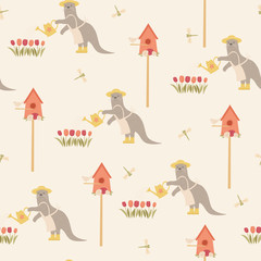 Otter character doing garden work. Vector seamless pattern