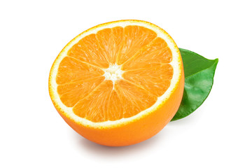orange fruit half with leaves isolated on white background