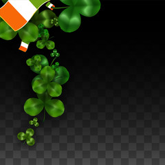 Vector Clover Leaf  and Ireland Flag Isolated on Transparent Background. St. Patrick's Day Illustration. Ireland's Lucky Shamrock Poster. Invitation for Irish Concert in Pub. Tourism in Ireland.