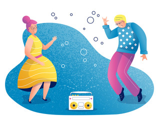 Grandmother and grandfather dancing to music from a tape recorder. Woman in a beautiful dress and hairstyle. Soap bubbles around. Vector flat illustration in cartoon style.