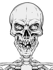 Detailed graphic cool realistic black and white human skull with broken teeth. Isolated on white background. Vector icon.