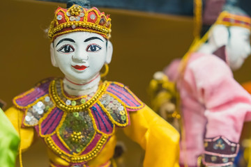 Fototapeta premium Traditional handicraft puppets for sale in the ancient pagoda in Bagan, Myanmar