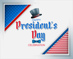 Holidays, design, background with 3d handwriting texts and top hat on national flag colors for American President's Day, event celebration