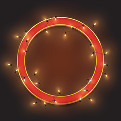 Red retro neon circle frame, led shiny lights garland, vector illustration
