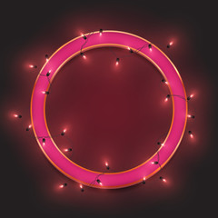 Pink retro neon circle frame, led shiny lights garland, vector illustration
