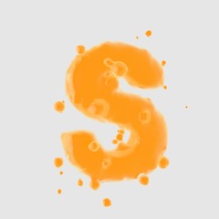 3d letter S uppercase. Orange Juice font with drops isolated on white background