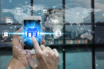 Hand use smartphone with shopping online icons technology, E-coooerce internet concept, Internet Concept of global business