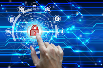Businessman touch virtual padlock icon over the Network connection, Cyber Security Data Protection Business Technology Privacy concept