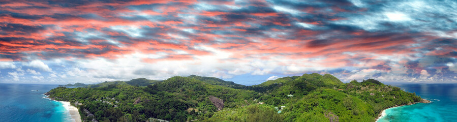 Mountains and ocean of Seychelles, aerial view