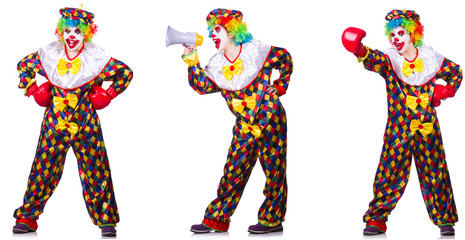 Fototapeta na wymiar Funny male clown with boxing gloves and loudspeaker