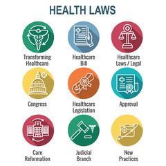 Health Laws and Legal icon set depicting various aspects of the legal system
