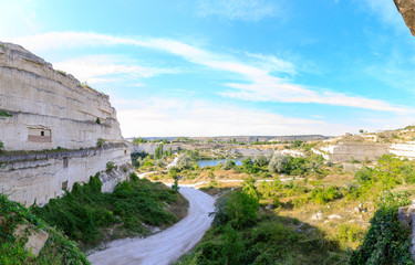 Fototapeta premium huge tunnel in limestone catacombs or limestone mine, Sevastopol, Crimea.
