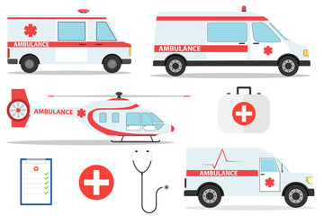 Ambulance car vector emergency ambulance-service vehicle or van and medical care transport in hospital illustration. Medical concept. Detailed illustration of ambulance cars and helicopter in flat